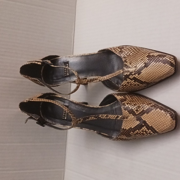 Stuart Weitzman size 7B women's snake print t-strap high-heel shoe brown cream. - Picture 4 of 17